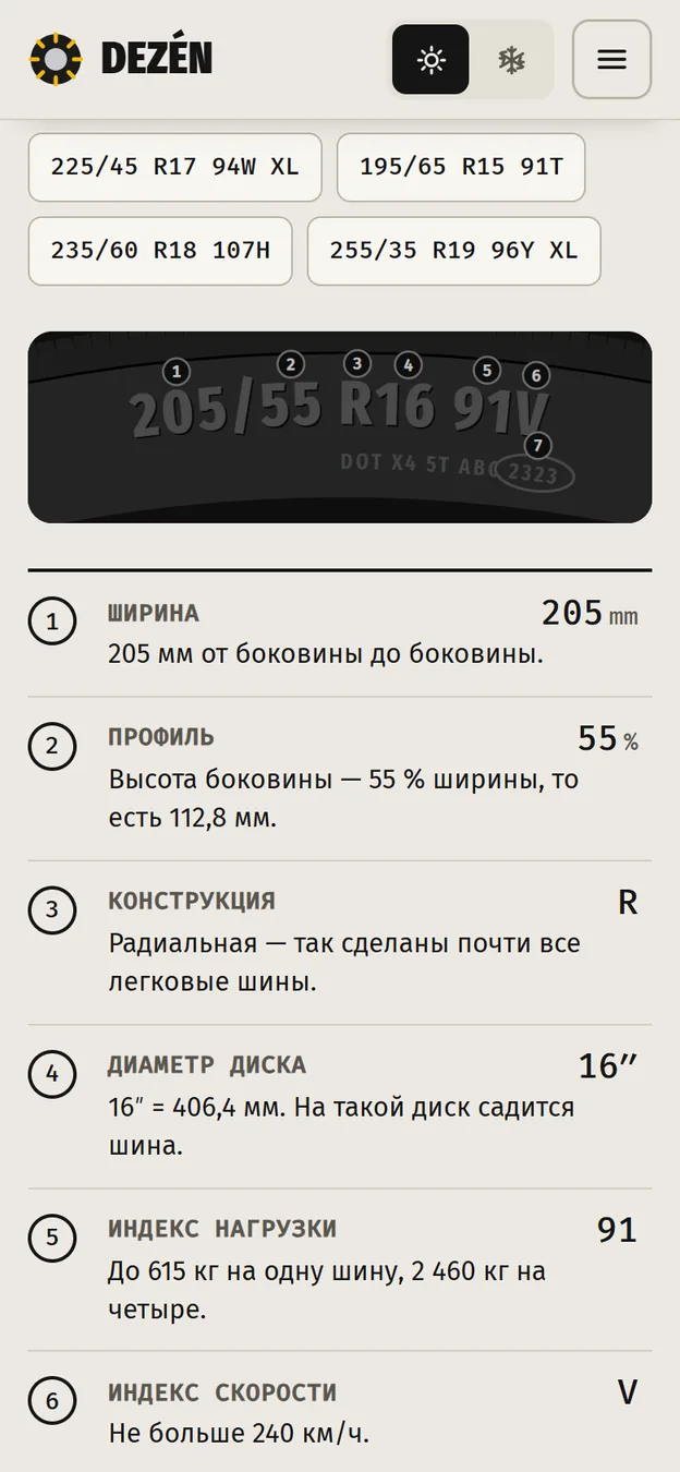 Телефон: код шины 205/55 R16 91V разобран выносками на боковине