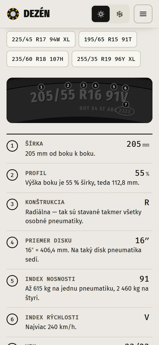 Telefón: kód pneumatiky 205/55 R16 91V rozobratý odkazmi na bočnici
